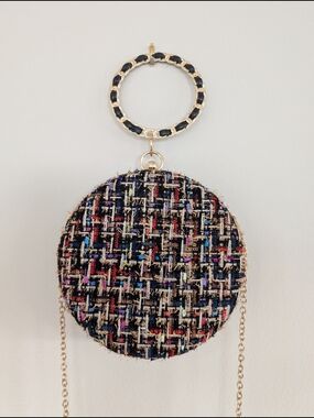 Round Tweed Crossbody Bag with Gold Bangle Handle - Black Multicolor